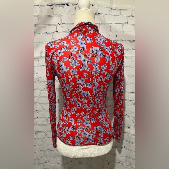 ANN TAYLOR Tops and Blouses Floral Shawl Collar Wrap Top Vermillion Kiss XSP - Picture 3 of 6
